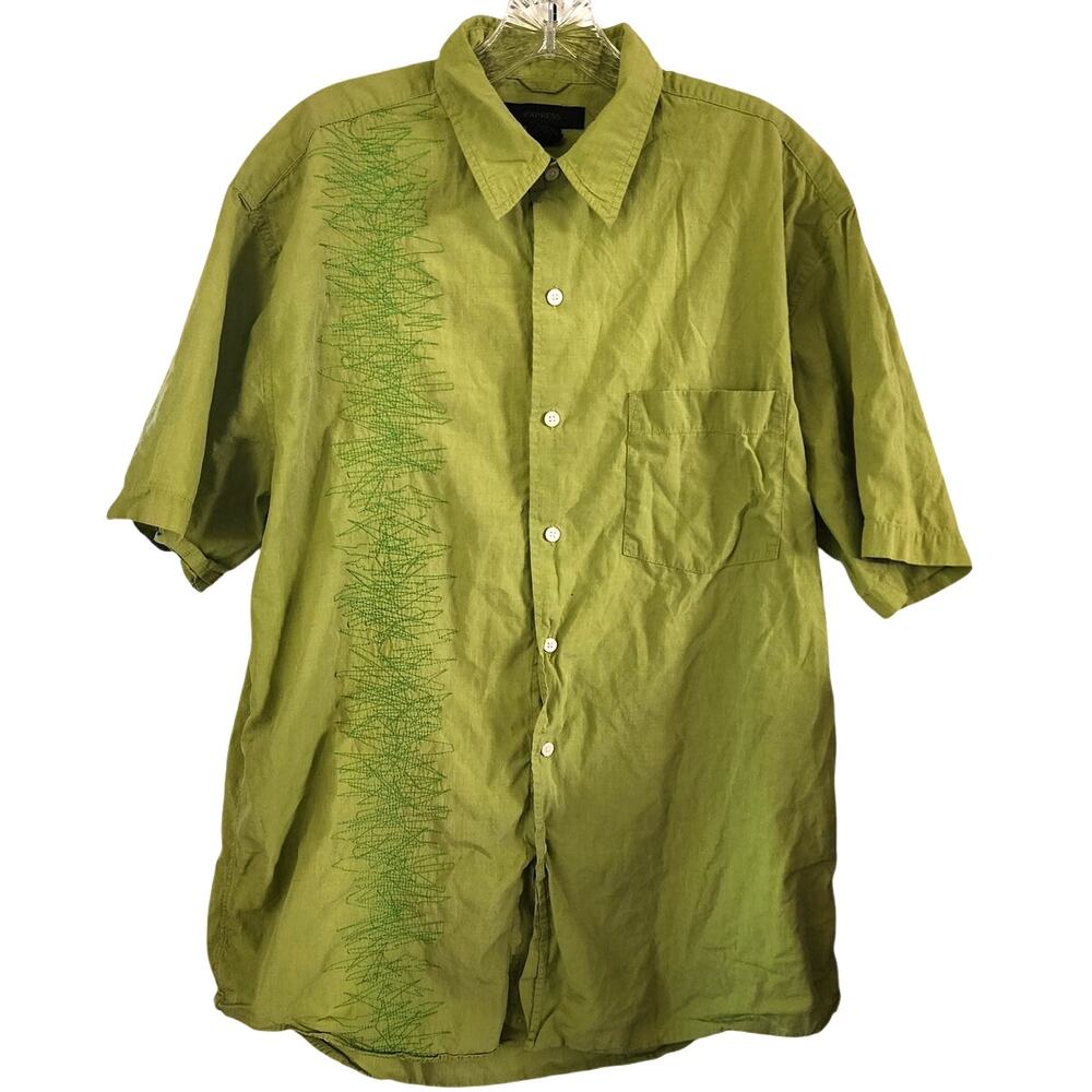 Express Men's Lime Green Embroidered Accent Button Up Shirt Large